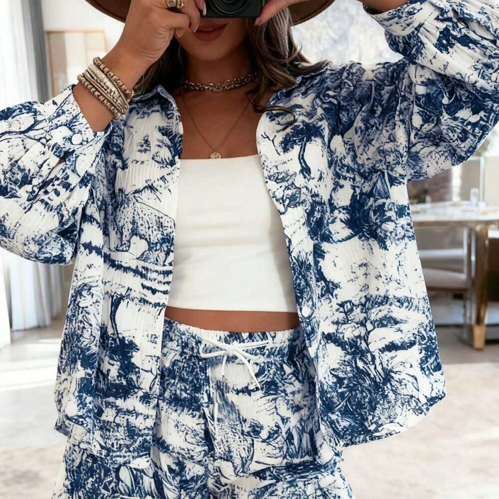 Multicolor Boho Women's Animal Print Long Sleeve Shirt & Shorts Set